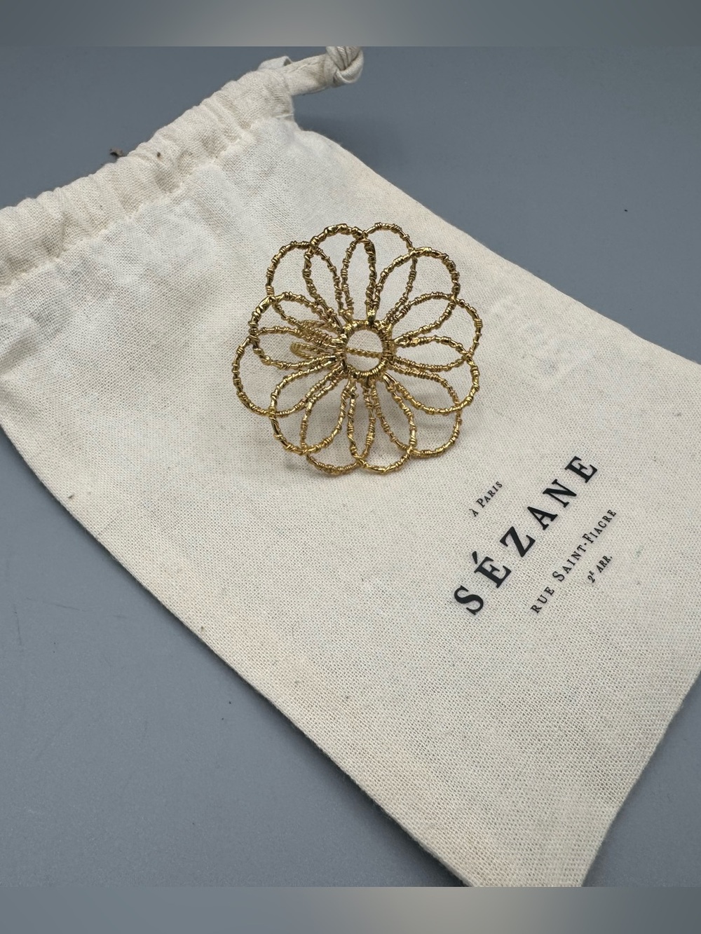 Sézane Gold Flower Statement Ring Size 9, with original dust bag